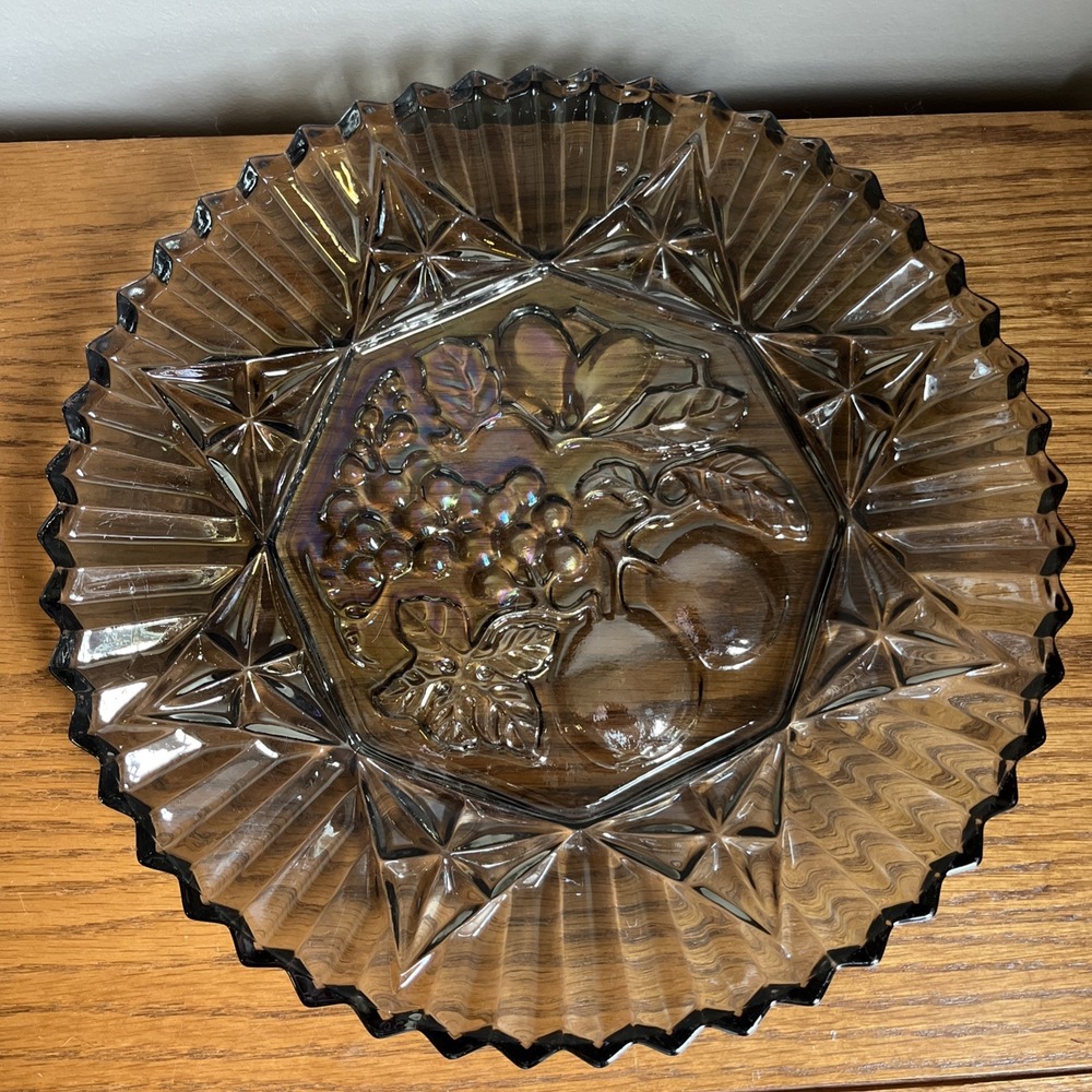 Vintage Indiana Carnival Glass Iridescent Smoke Gray Ruffled Edge Fluted Plate
